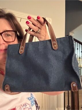 Denim Mini Tote Bag Blue Canvas Brown Faux Leather Handles Purse